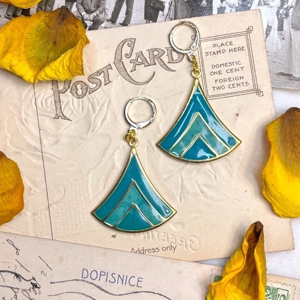 Blue Green Enamel Statement‎ Earrings
